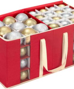 DIMESHY Large Christmas Ornament Storage Box With Adjustable Dividers.Ornament Storage Container with Two Handlesfor 128 Holiday Decorations.Red