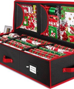 ZOBER 600D Oxford Gift Wrapping Paper Organizer Storage - 40 Gift Wrap Storage Containers with Interior Pockets for Bows. Tags & Ribbons - Wrapping Paper Holder. Fits 24 Standard Rolls. Black/Red