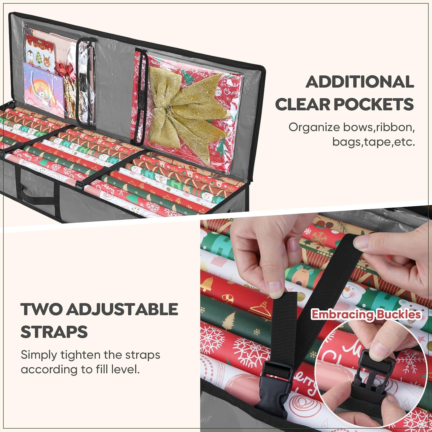 BALEINE Soft Christmas Wrapping Paper Storage Bag. 40 Durable PE Gift Wrap Storage Bag with Flexible Partitions and Pockets for Ribbon. Accessories (Grey) - Image 2