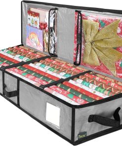 BALEINE Soft Christmas Wrapping Paper Storage Bag. 40 Durable PE Gift Wrap Storage Bag with Flexible Partitions and Pockets for Ribbon. Accessories (Grey)