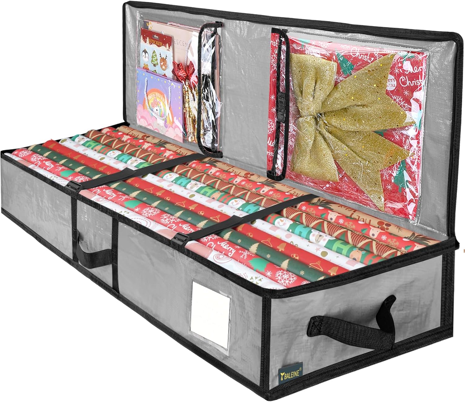 BALEINE Soft Christmas Wrapping Paper Storage Bag. 40 Durable PE Gift Wrap Storage Bag with Flexible Partitions and Pockets for Ribbon. Accessories (Grey)
